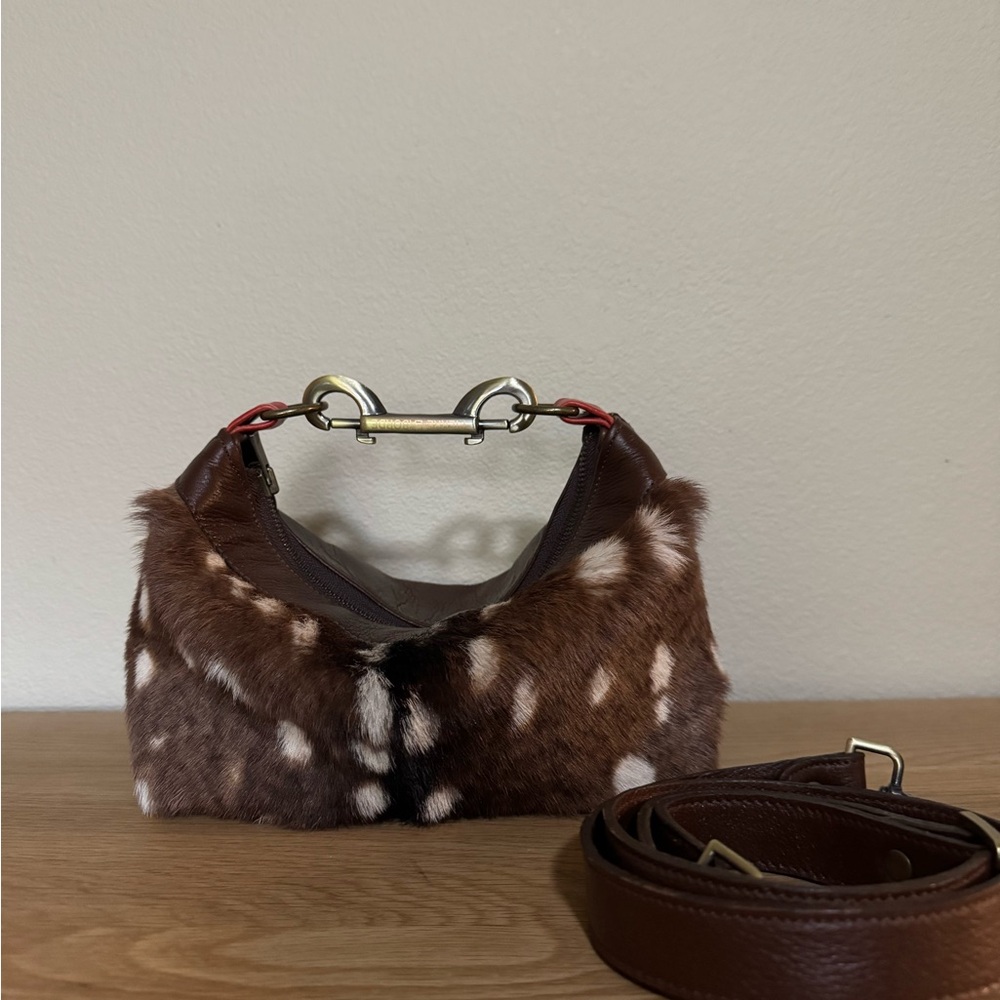 Pierre Laborde Aurelia Brown Spotted Fur Crossbody Bag with Gold Accent - New!